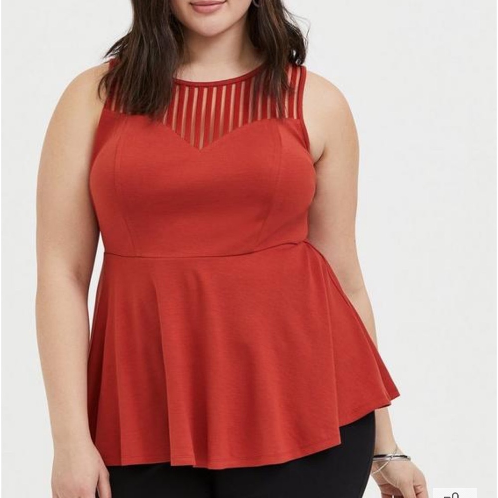 Torrid Red Terracotta Premium Ponte Shadow Stripe Yoke Peplum Top